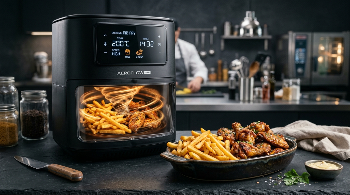 Modern air fryer with digital display showing convection heat vortex and crispy golden chicken wings